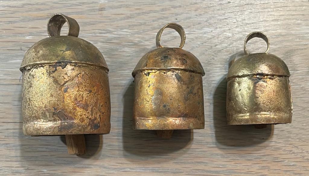 Rustic Farmhouse Bells with Wooden Clapper - Old World Cow Bells - Antique Finish - Set of 3