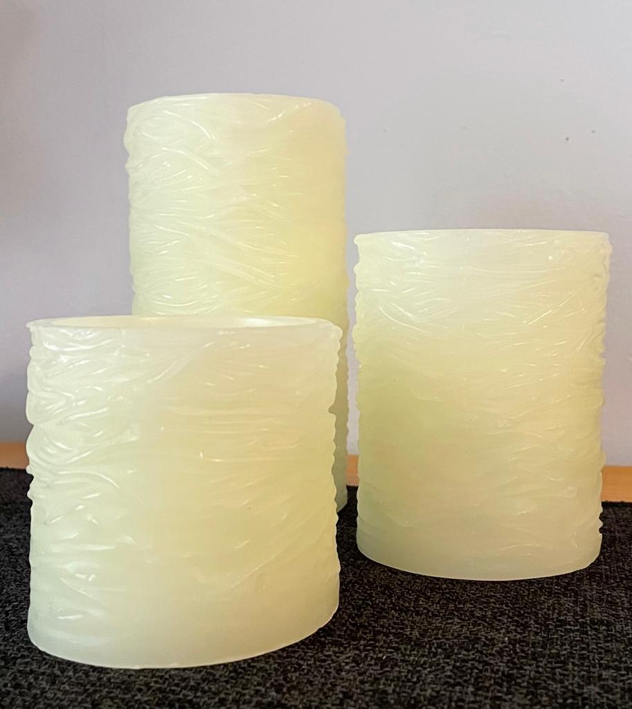 Ruched Flameless LED Paraffin Wax Pillar Candle Set of 3 with Remote in Ivory