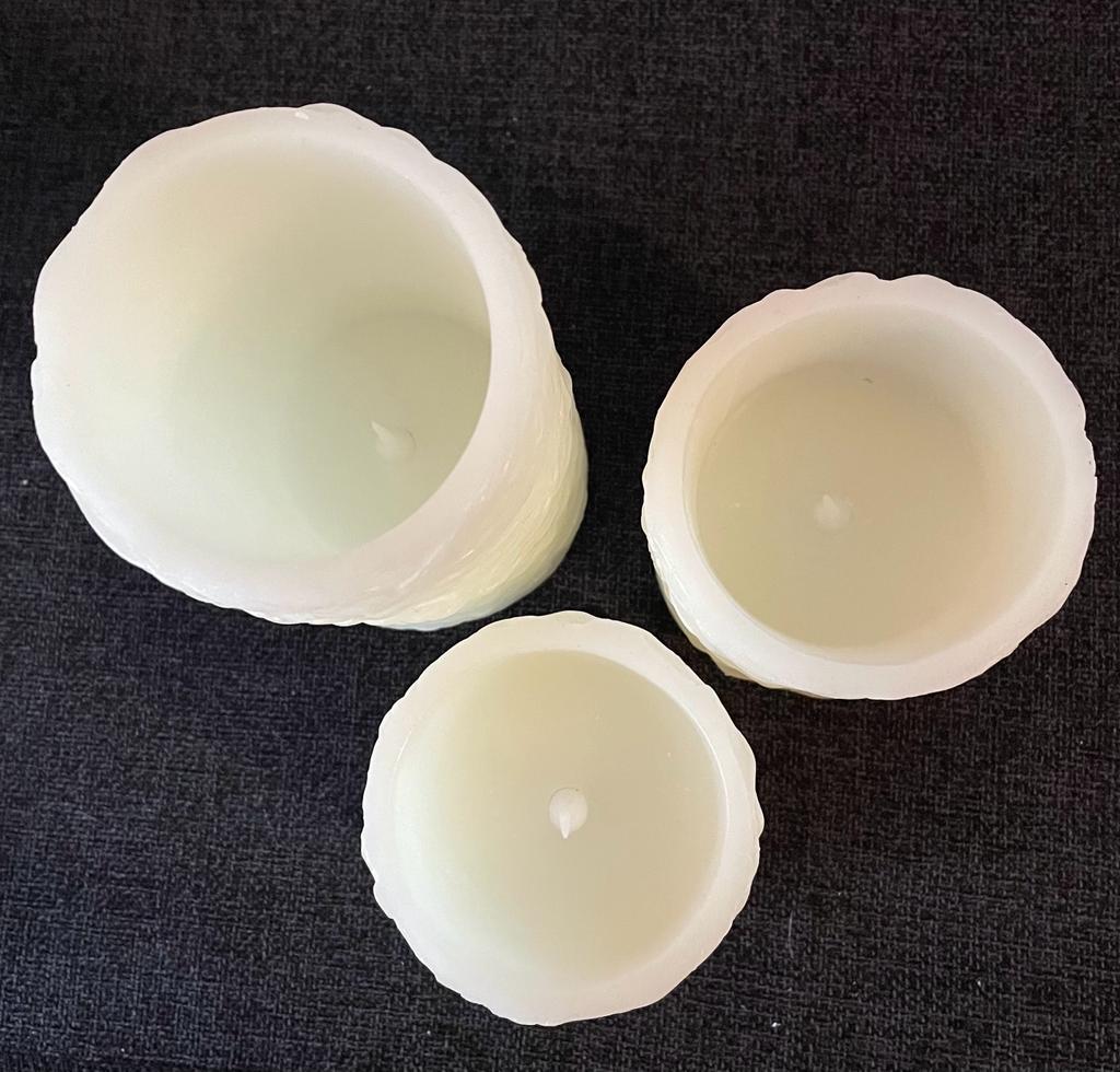 Ruched Flameless LED Paraffin Wax Pillar Candle Set of 3 with Remote in Ivory