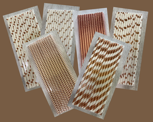 Rose Gold Metallic Biodegradable Recyclable Paper Straws in Six (6) Styles