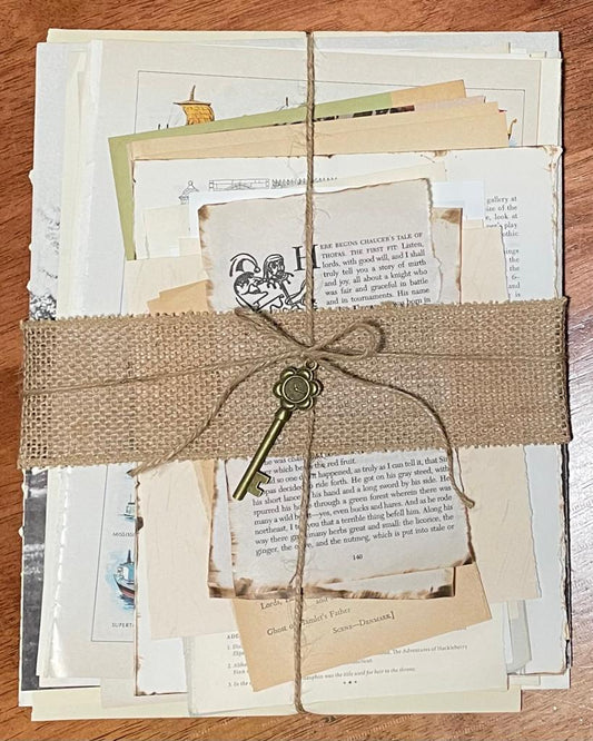 Vintage Book Pages -- Presented in Tied Bundles of 30 or 50 Adorned with a Replica Vintage Skeleton Key