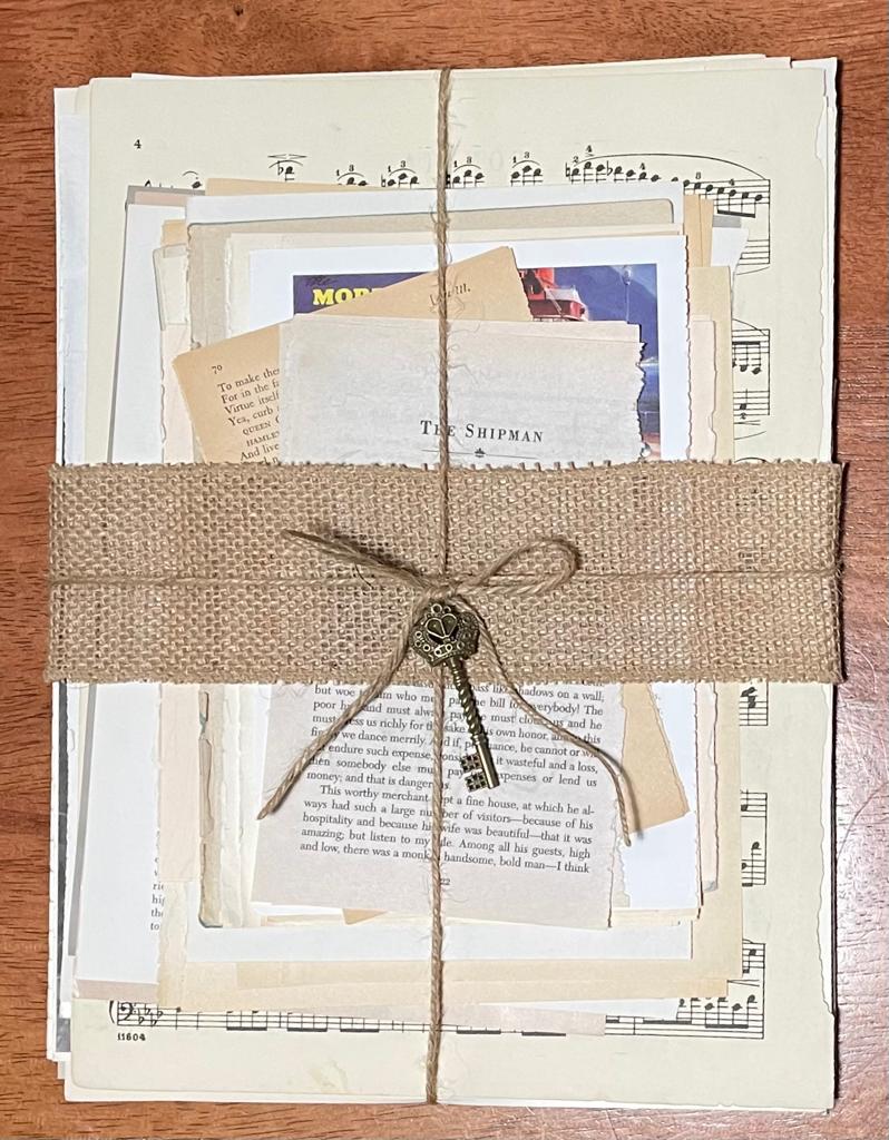 Vintage Book Pages -- Presented in Tied Bundles of 30 or 50 Adorned with a Replica Vintage Skeleton Key