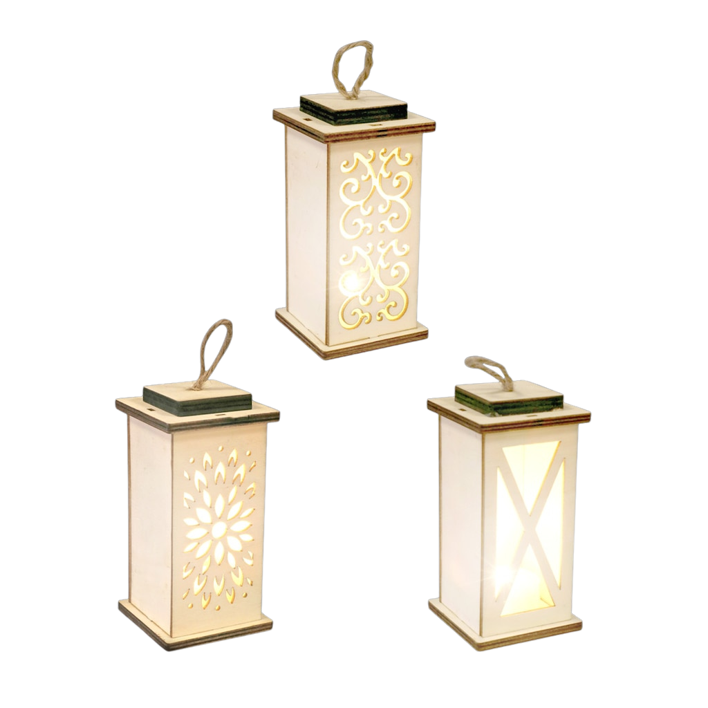 Hanging Wood Cut-Out LED Lanterns in Scroll, Floral and Cross Patterns